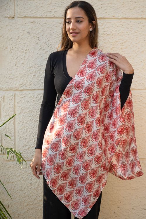 TICH Light & Elegant Silk Batik Stole - Red Feathers