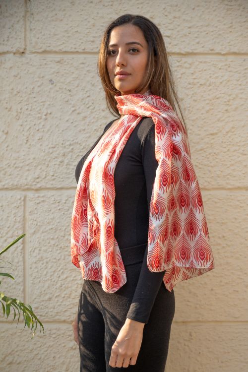 TICH Light & Elegant Silk Batik Stole - Red Feathers