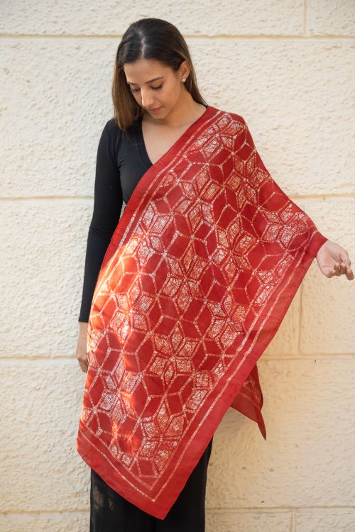 TICH Light & Elegant Silk Batik Stole - Red Honeycomb