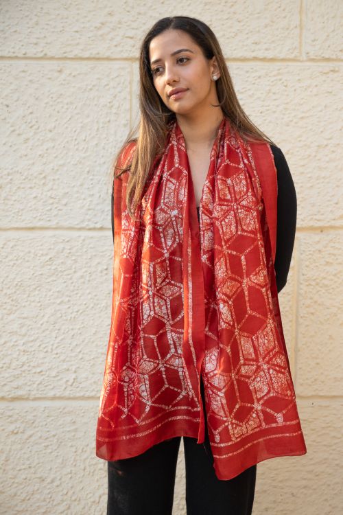 TICH Light & Elegant Silk Batik Stole - Red Honeycomb