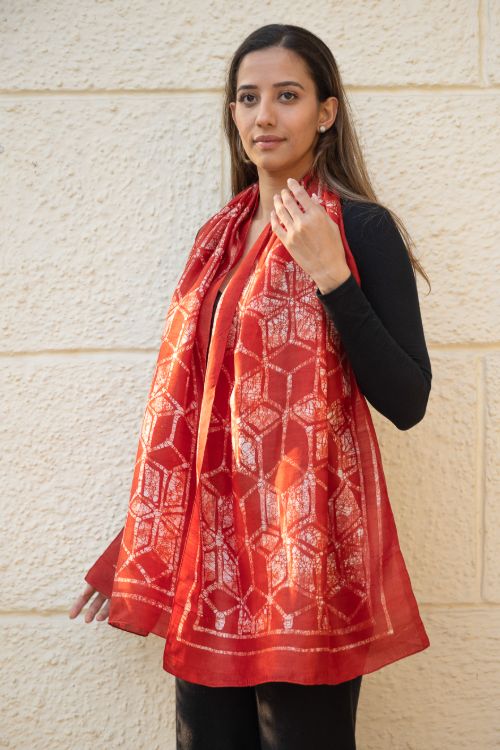 TICH Light & Elegant Silk Batik Stole - Red Honeycomb