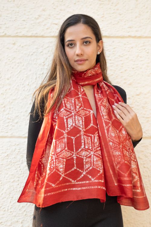 TICH Light & Elegant Silk Batik Stole - Red Honeycomb