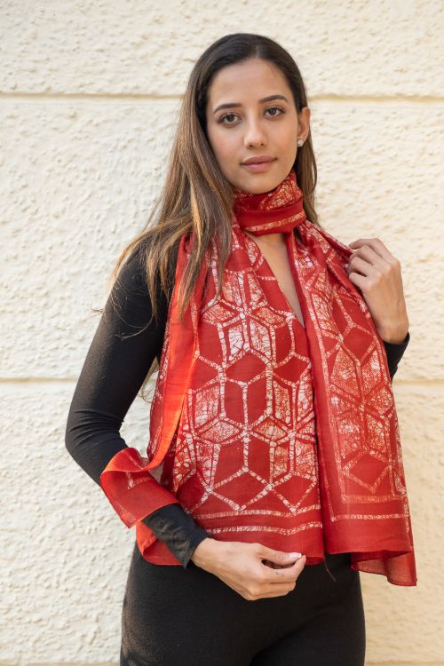 TICH Light & Elegant Silk Batik Stole - Red Honeycomb