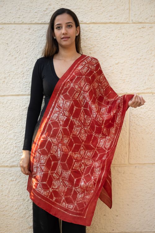 TICH Light & Elegant Silk Batik Stole - Red Honeycomb