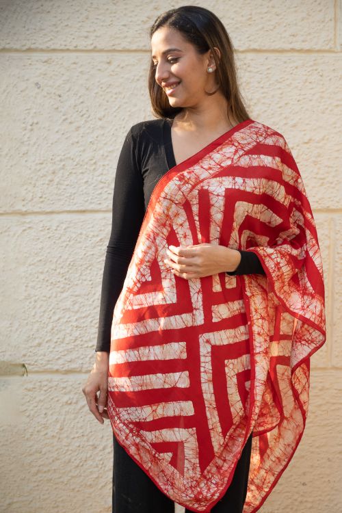 TICH Light & Elegant Silk Batik Stole - Red Stripes