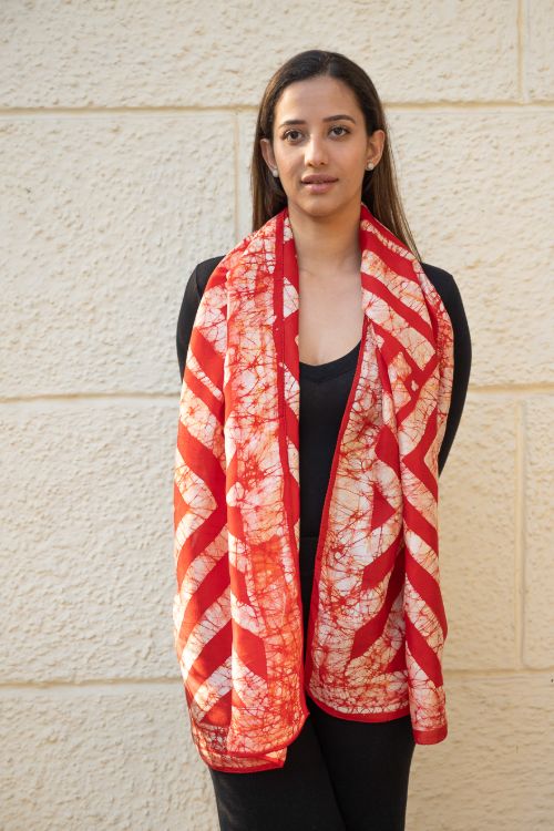 TICH Light & Elegant Silk Batik Stole - Red Stripes