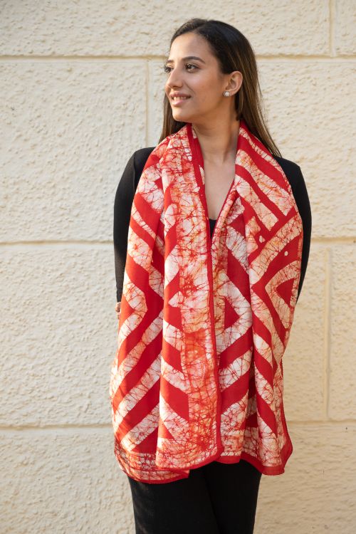 TICH Light & Elegant Silk Batik Stole - Red Stripes