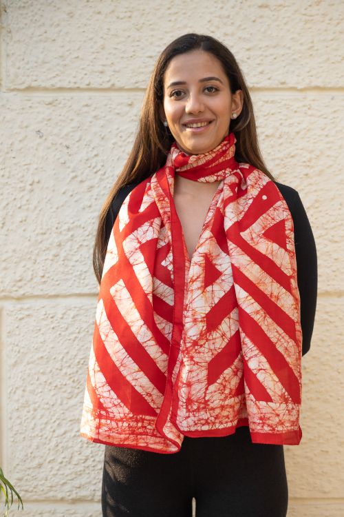 TICH Light & Elegant Silk Batik Stole - Red Stripes