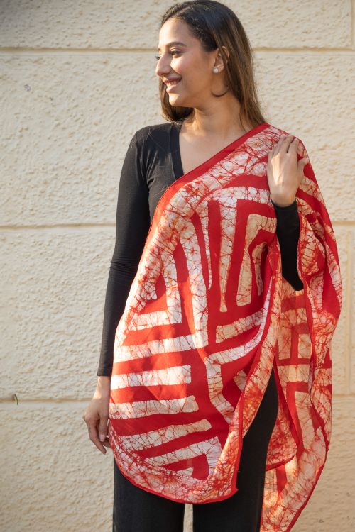 TICH Light & Elegant Silk Batik Stole - Red Stripes