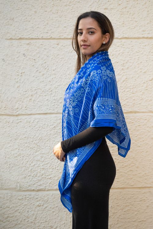 TICH Light & Elegant Silk Printed Stole - Royal Blue Flora