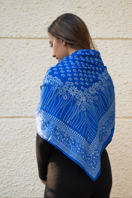TICH Light & Elegant Silk Printed Stole - Royal Blue Flora