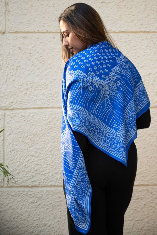 TICH Light & Elegant Silk Printed Stole - Royal Blue Flora
