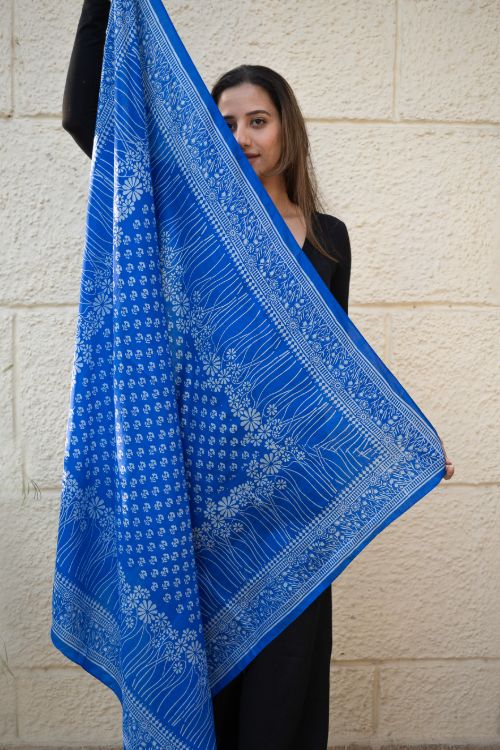 TICH Light & Elegant Silk Printed Stole - Royal Blue Flora