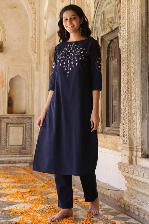 Riverbank Navy Blue Pure Cotton Hand Embroidered Mirror Work Kurta Okhaistore