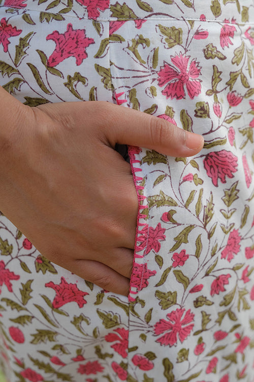 Okhai "Zinnia Zest" Hand Embroidered Handblock Printed Pure Cotton Pants