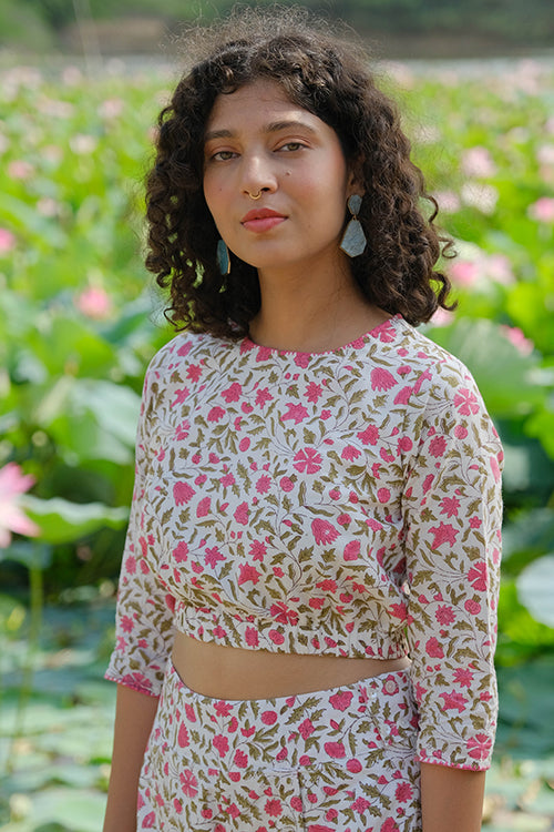 Okhai "Azalea" Hand Embroidered Handblock Printed Pure Cotton Crop Top