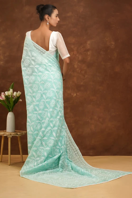 Shwet Women Hand Embroidered Sea Blue Kota Cotton Chikankari Saree