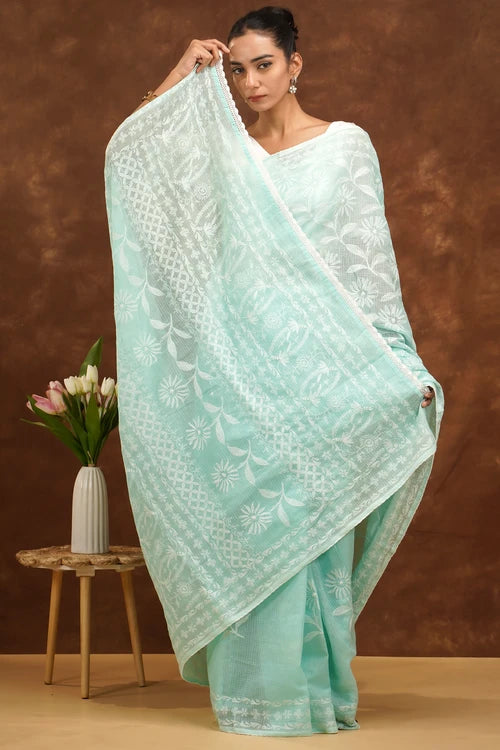 Shwet Women Hand Embroidered Sea Blue Kota Cotton Chikankari Saree