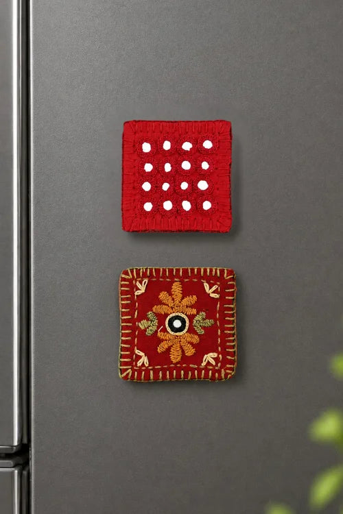 Okhai "Red Foliage" Hand Embroidered Fridge Magnet (Set of 2)