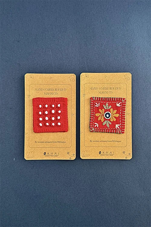 Okhai "Red Foliage" Hand Embroidered Fridge Magnet (Set of 2)