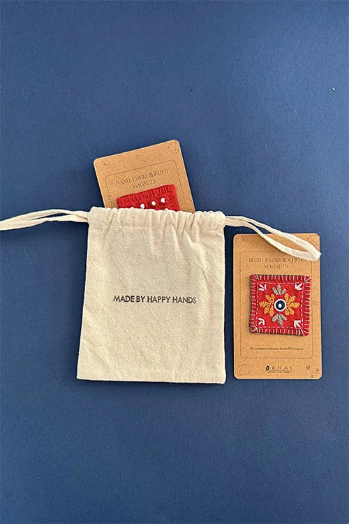 Okhai "Red Foliage" Hand Embroidered Fridge Magnet (Set of 2)