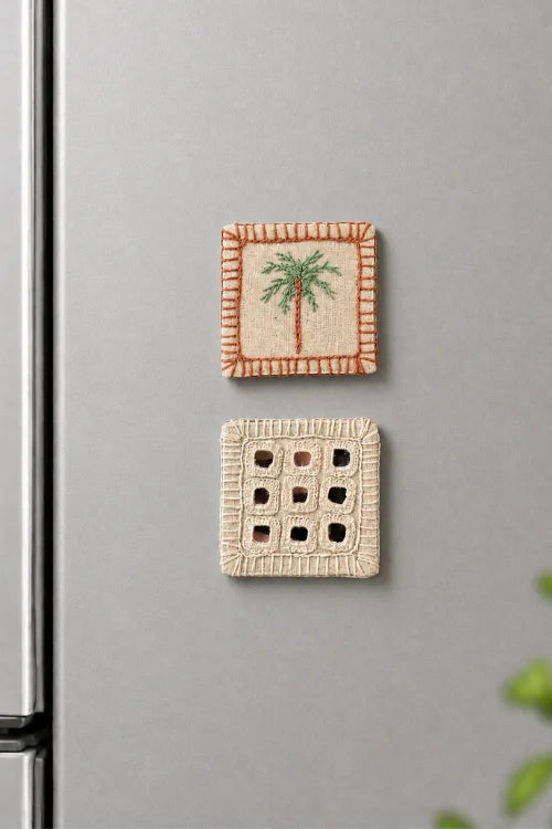 Okhai "Palm tree" Hand Embroidered Fridge Magnet (Set of 2)