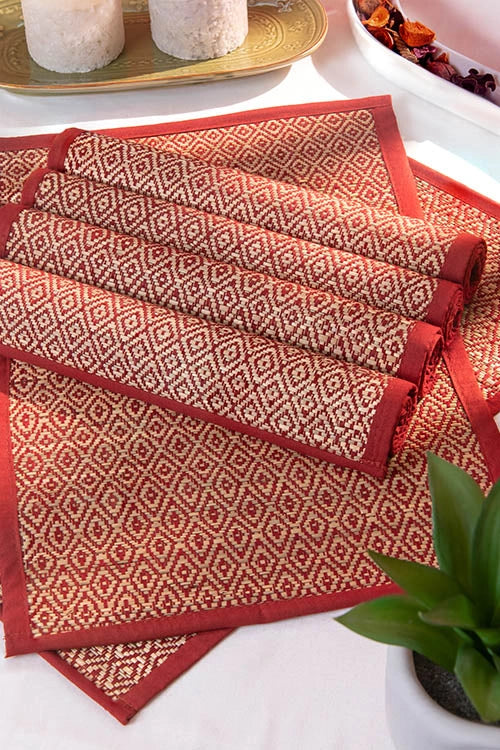 Dharini Madurkathi Diamond Placemats Maroon (Set Of 6)