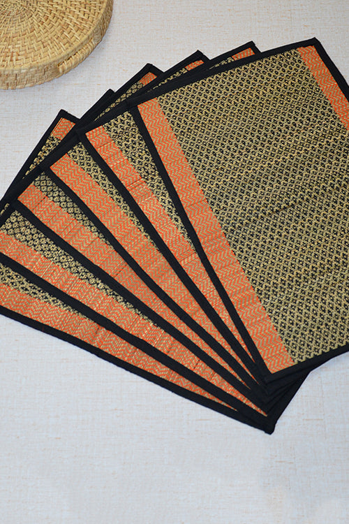 Dharini Madurkathi Diamond Placemats Black Orange (Set of 6)