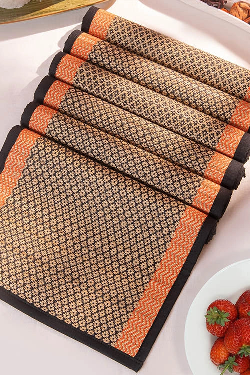 Dharini Madurkathi Diamond Placemats Black Orange (Set of 6)