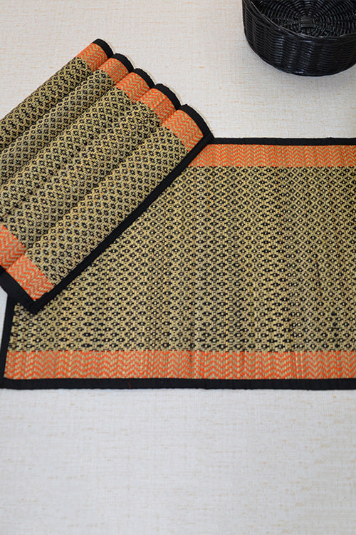 Dharini Madurkathi Diamond Placemats Black Orange (Set of 6)