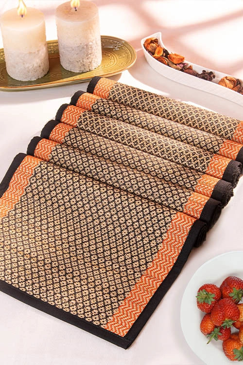 Dharini Madurkathi Diamond Placemats Black Orange (Set of 6)