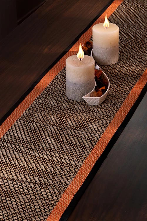 Dharini Madurkathi Diamond Table Runner Black Orange