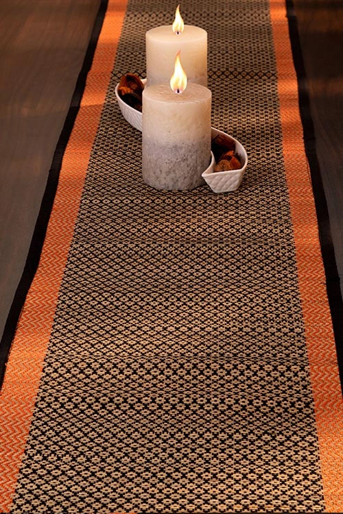 Dharini Madurkathi Diamond Table Runner Black Orange