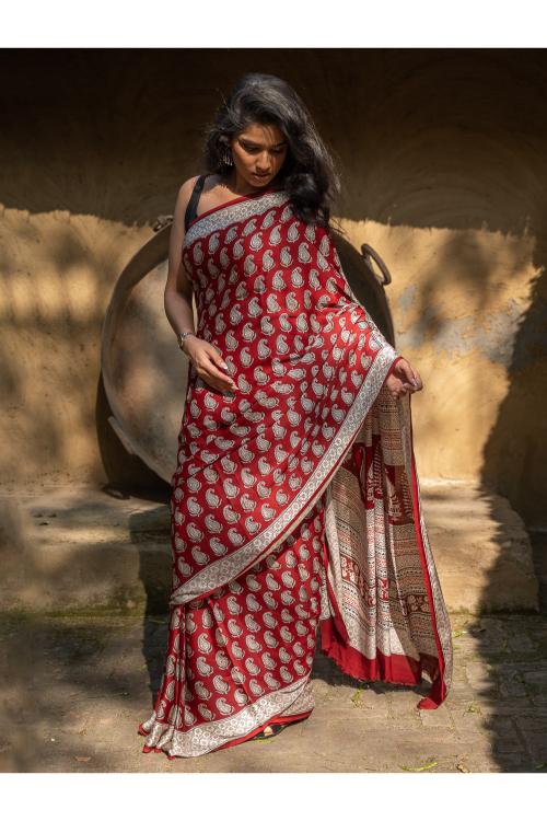 Exclusive Bagh Hand Block Printed Modal Silk Saree - Classic Paisley