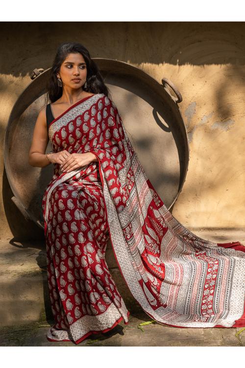 Exclusive Bagh Hand Block Printed Modal Silk Saree - Classic Paisley