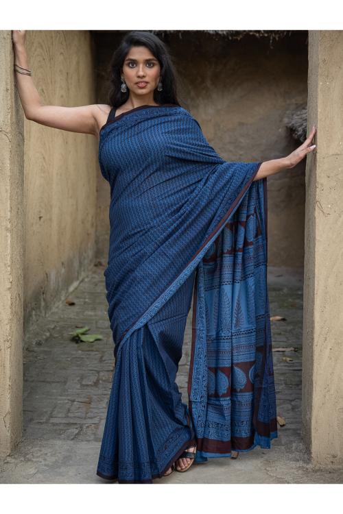 Exclusive Bagh Hand Block Printed Cotton Saree - Blue Zigzags