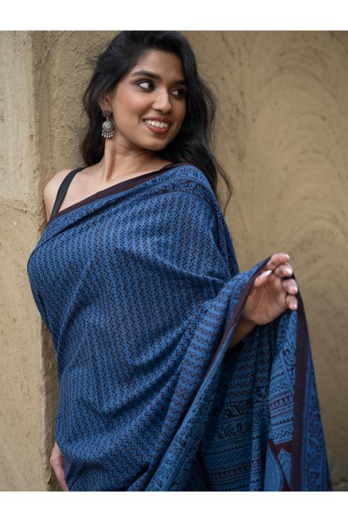 Exclusive Bagh Hand Block Printed Cotton Saree - Blue Zigzags