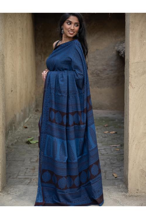 Exclusive Bagh Hand Block Printed Cotton Saree - Blue Zigzags