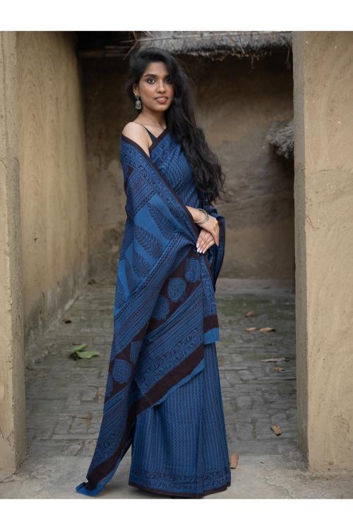 Exclusive Bagh Hand Block Printed Cotton Saree - Blue Zigzags