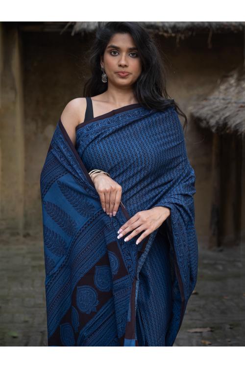 Exclusive Bagh Hand Block Printed Cotton Saree - Blue Zigzags