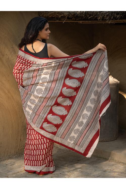 TICH Exclusive Bagh Hand Block Printed Cotton Saree - Classic Flora