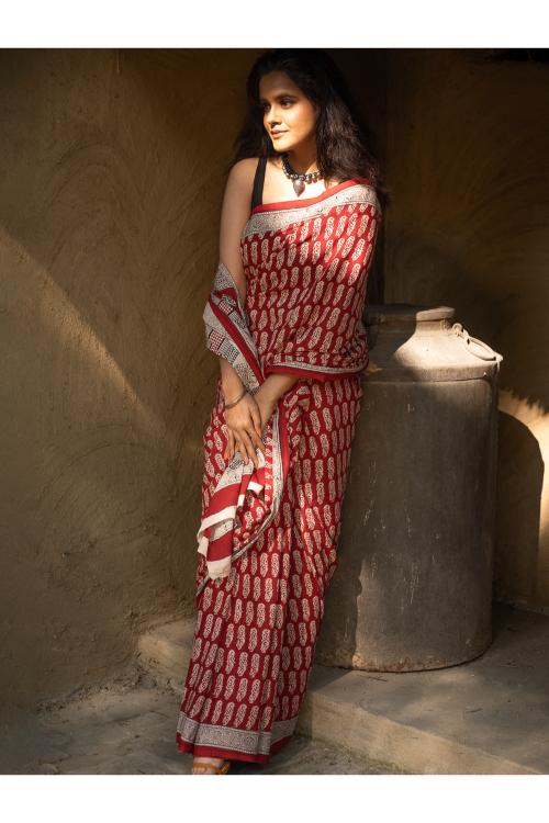 TICH Exclusive Bagh Hand Block Printed Cotton Saree - Classic Flora