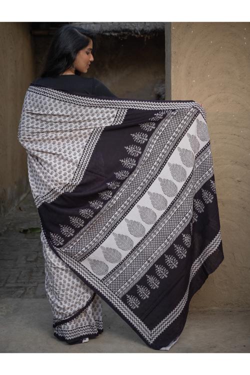 Exclusive Bagh Hand Block Printed Cotton Saree - Floral Geometry