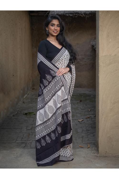 Exclusive Bagh Hand Block Printed Cotton Saree - Floral Geometry