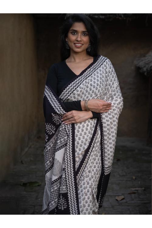 Exclusive Bagh Hand Block Printed Cotton Saree - Floral Geometry