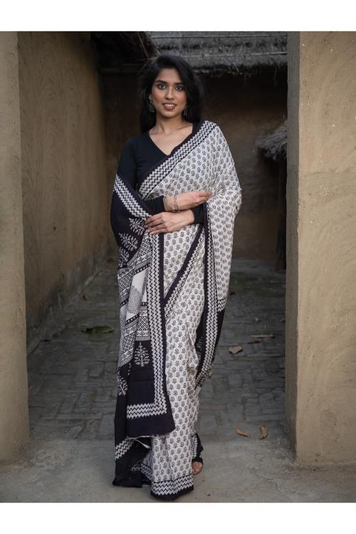 Exclusive Bagh Hand Block Printed Cotton Saree - Floral Geometry