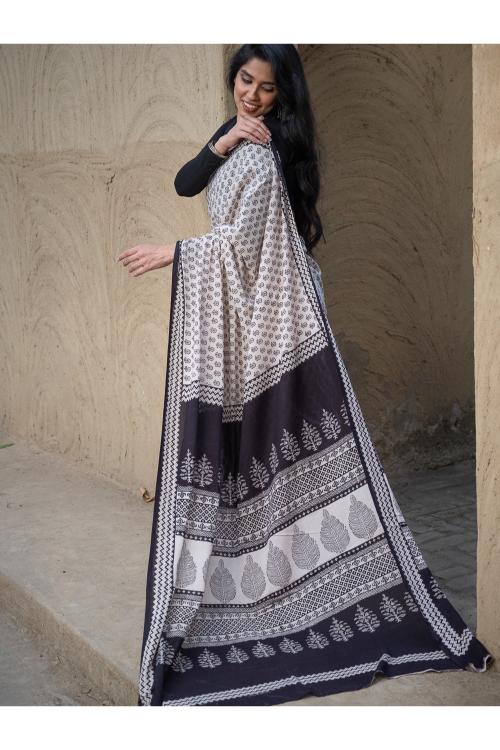 Exclusive Bagh Hand Block Printed Cotton Saree - Floral Geometry