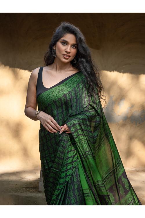 Exclusive Bagh Hand Block Printed Cotton Saree - Paisley Vines