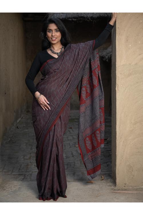 Exclusive Bagh Hand Block Printed Cotton Saree - Grey Paisleys