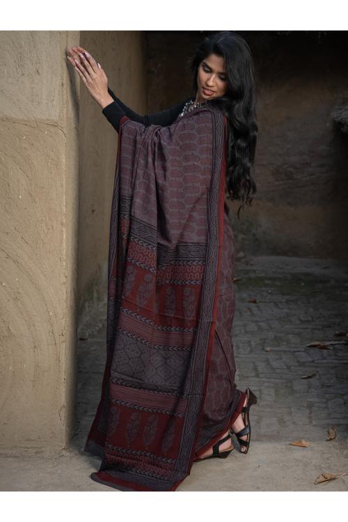 Exclusive Bagh Hand Block Printed Cotton Saree - Grey Paisleys